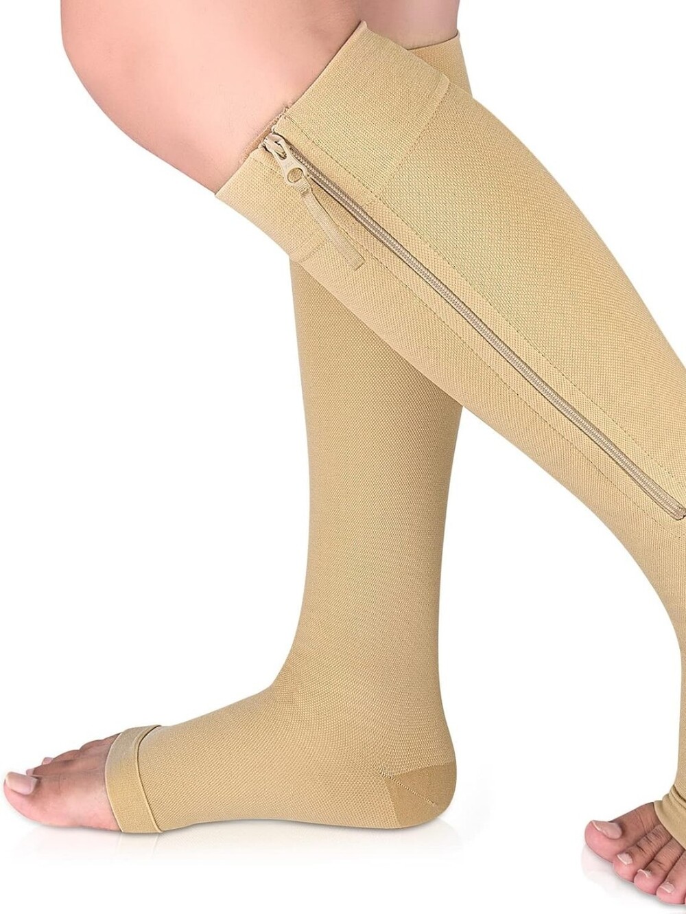 Ailaka Medical 15-20mmHg Zipper Compression Socks Open Toe Beige Size Large